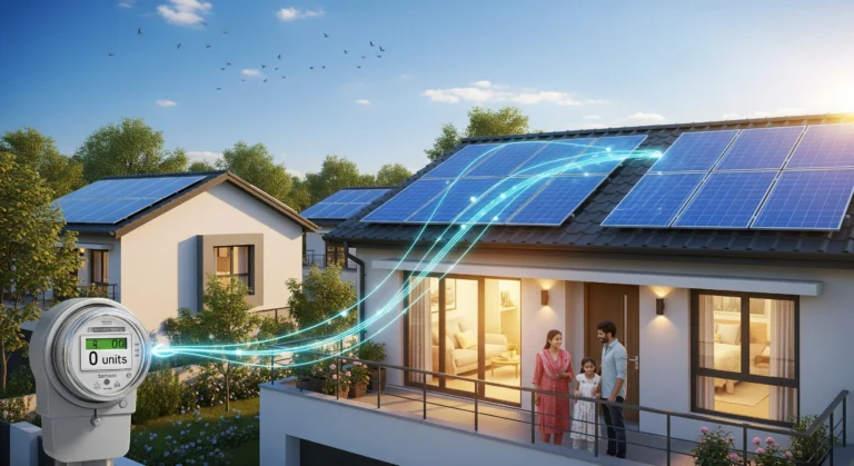 Indian home using rooftop solar panels under PM Surya Ghar Muft Bijli Yojana in a clean energy future